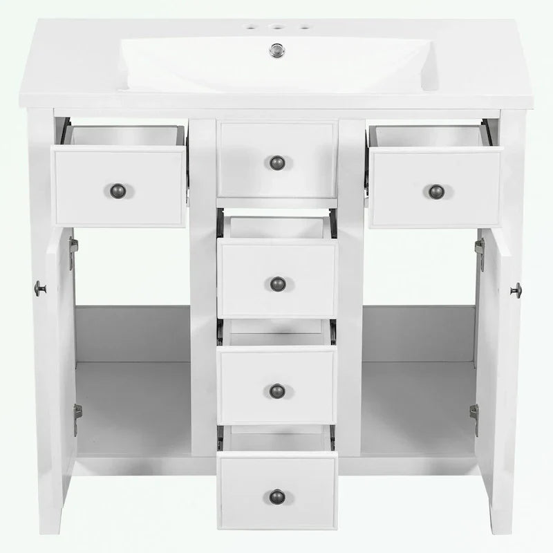 Meuble-lavabo avec vasque en céramique, deux placards et cinq tiroirs