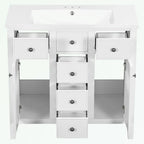 Meuble-lavabo avec vasque en céramique, deux placards et cinq tiroirs
