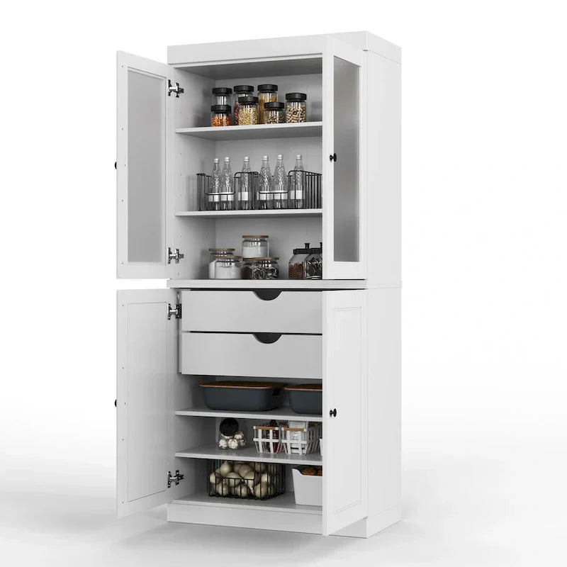 Meuble de rangement en bois massif avec portes en verre dépoli, portes pleines, 2 tiroirs et étagères réglables
