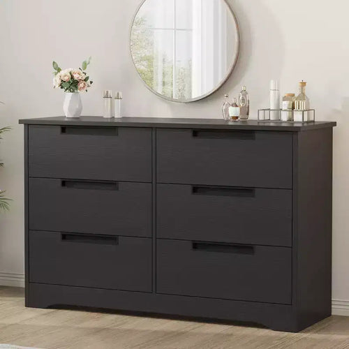 6 Drawer Dresser for Bedroom, Black Modern 6 Chest of Drawers with Embedded Handles Design, Wooden Dresser Organizer for Living Room, Nursery, Hallway
