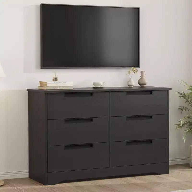 Commode noire à 6 tiroirs avec poignées encastrées – Organiseur en bois moderne pour chambre, chambre de bébé et couloir
