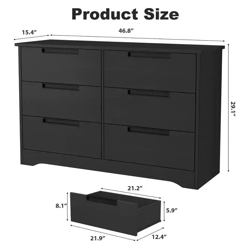 Commode noire à 6 tiroirs avec poignées encastrées – Organiseur en bois moderne pour chambre, chambre de bébé et couloir