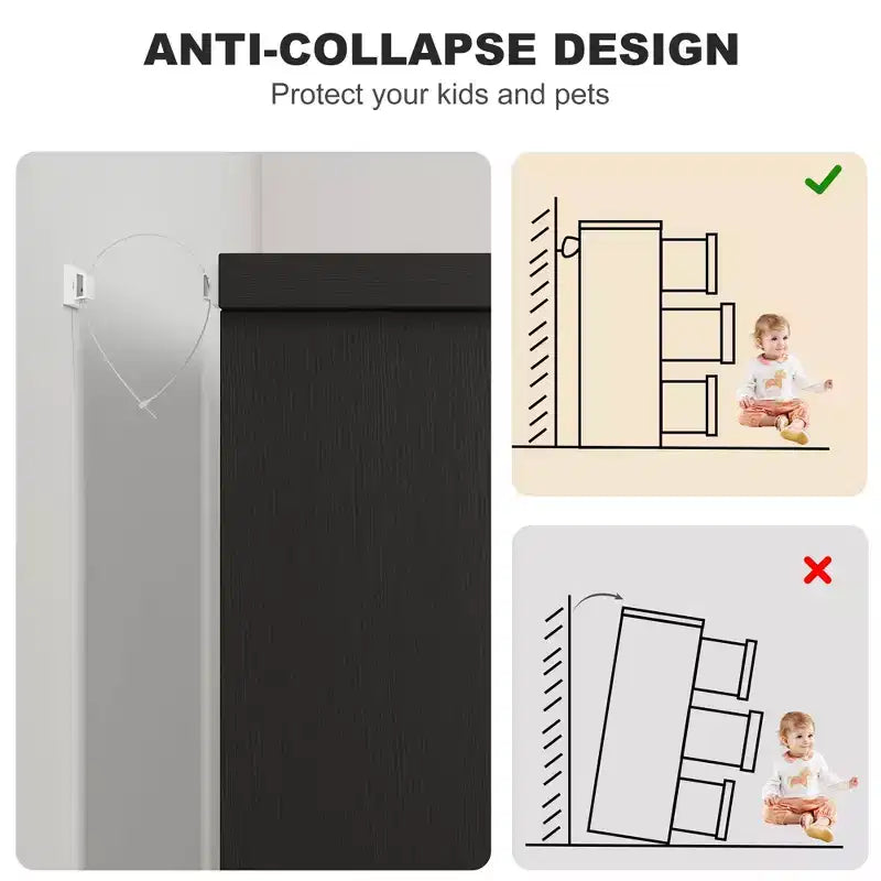 Commode noire à 6 tiroirs avec poignées encastrées – Organiseur en bois moderne pour chambre, chambre de bébé et couloir