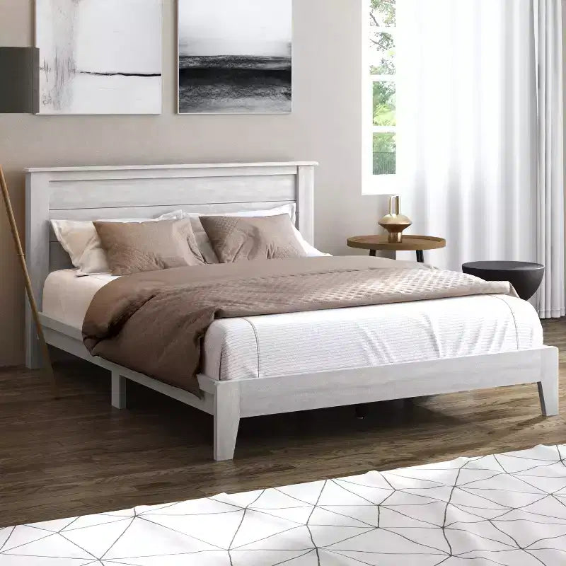 Lit plateforme Queen avec tête de lit – Fini chêne gris poussiéreux, Cadre de lit moderne