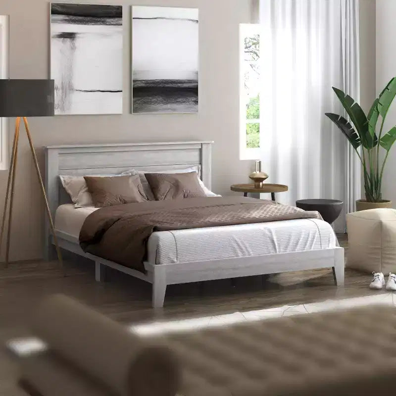Lit plateforme Queen avec tête de lit – Fini chêne gris poussiéreux, Cadre de lit moderne