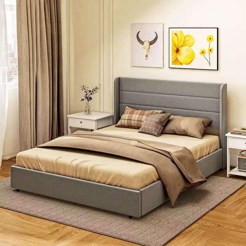 Lit Moderne Rembourré avec Tête de Lit et 4 Tiroirs de Rangement – Cadre de Lit Chambre Double/Queen