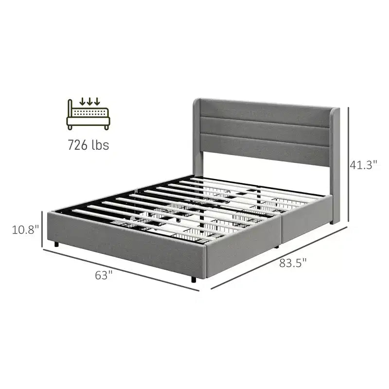 Lit Moderne Rembourré avec Tête de Lit et 4 Tiroirs de Rangement – Cadre de Lit Chambre Double/Queen