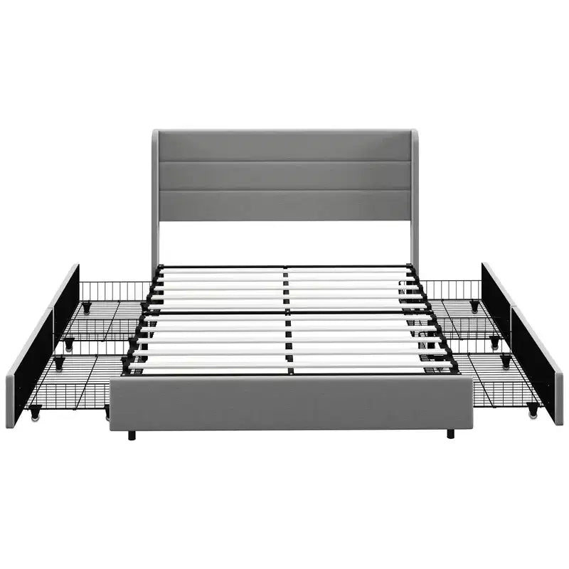 Lit Moderne Rembourré avec Tête de Lit et 4 Tiroirs de Rangement – Cadre de Lit Chambre Double/Queen
