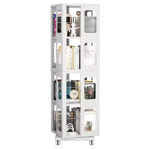 Okak All-Steel Rotating Bookshelf with 360Wheels, Storage Shelves with 4 Tiers, Storage Organizer for Living Room, Hallway, Office