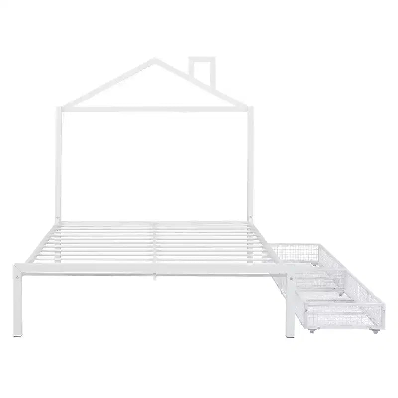 Lit cabane pleine grandeur pour enfants avec tiroir – Cadre en métal, tête de lit en forme de maison pour garçons et filles, blanc