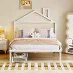 Lit cabane pleine grandeur pour enfants avec tiroir – Cadre en métal, tête de lit en forme de maison pour garçons et filles, blanc