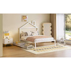 Lit cabane pleine grandeur pour enfants avec tiroir – Cadre en métal, tête de lit en forme de maison pour garçons et filles, blanc