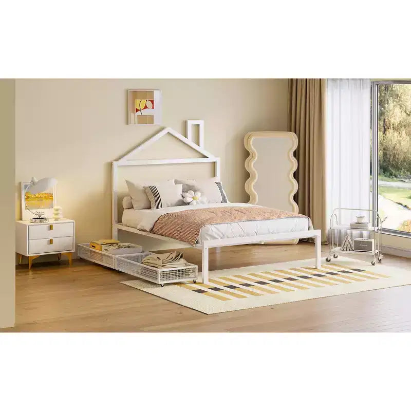 Lit cabane pleine grandeur pour enfants avec tiroir – Cadre en métal, tête de lit en forme de maison pour garçons et filles, blanc