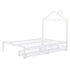 Lit cabane pleine grandeur pour enfants avec tiroir – Cadre en métal, tête de lit en forme de maison pour garçons et filles, blanc