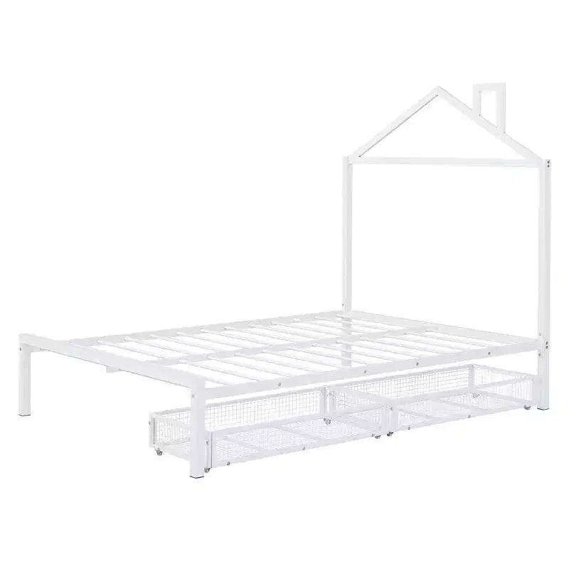 Lit cabane pleine grandeur pour enfants avec tiroir – Cadre en métal, tête de lit en forme de maison pour garçons et filles, blanc