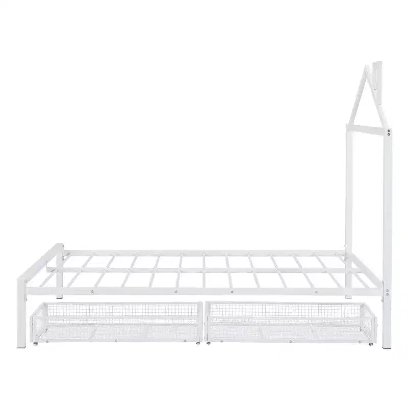 Lit cabane pleine grandeur pour enfants avec tiroir – Cadre en métal, tête de lit en forme de maison pour garçons et filles, blanc