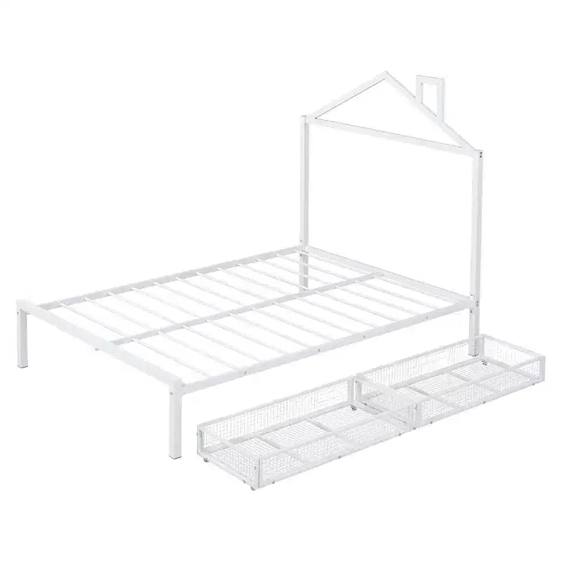 Lit cabane pleine grandeur pour enfants avec tiroir – Cadre en métal, tête de lit en forme de maison pour garçons et filles, blanc