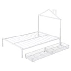 Lit cabane pleine grandeur pour enfants avec tiroir – Cadre en métal, tête de lit en forme de maison pour garçons et filles, blanc