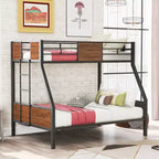 Twin over Full Metal Bunk Bed with Wood Grain, Metal Bunkbeds Frame with Safety Rail for Kids Adults, Brown