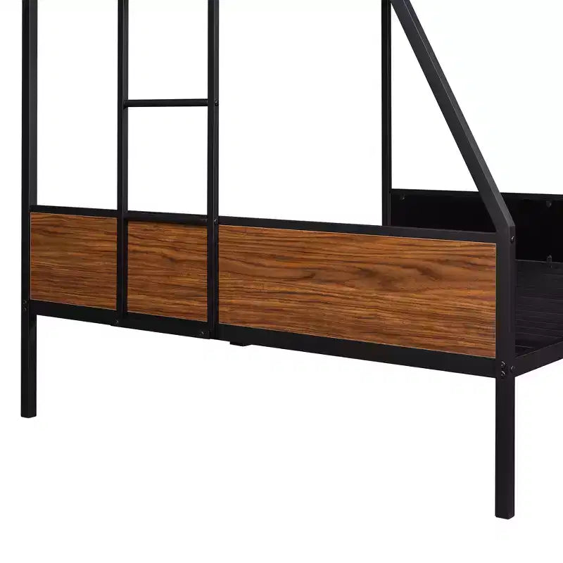 Lit superposé métallique double sur grand avec veinure de bois – Barrière de sécurité pour enfants et adultes, marron