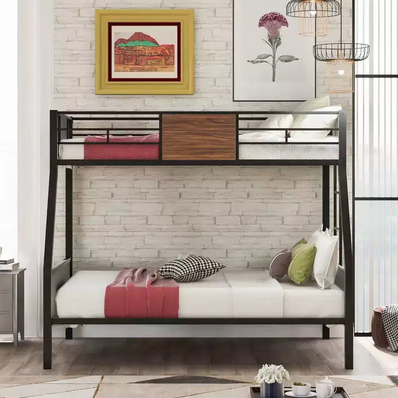 Lit superposé métallique double sur grand avec veinure de bois – Barrière de sécurité pour enfants et adultes, marron
