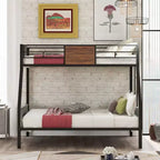 Lit superposé métallique double sur grand avec veinure de bois – Barrière de sécurité pour enfants et adultes, marron