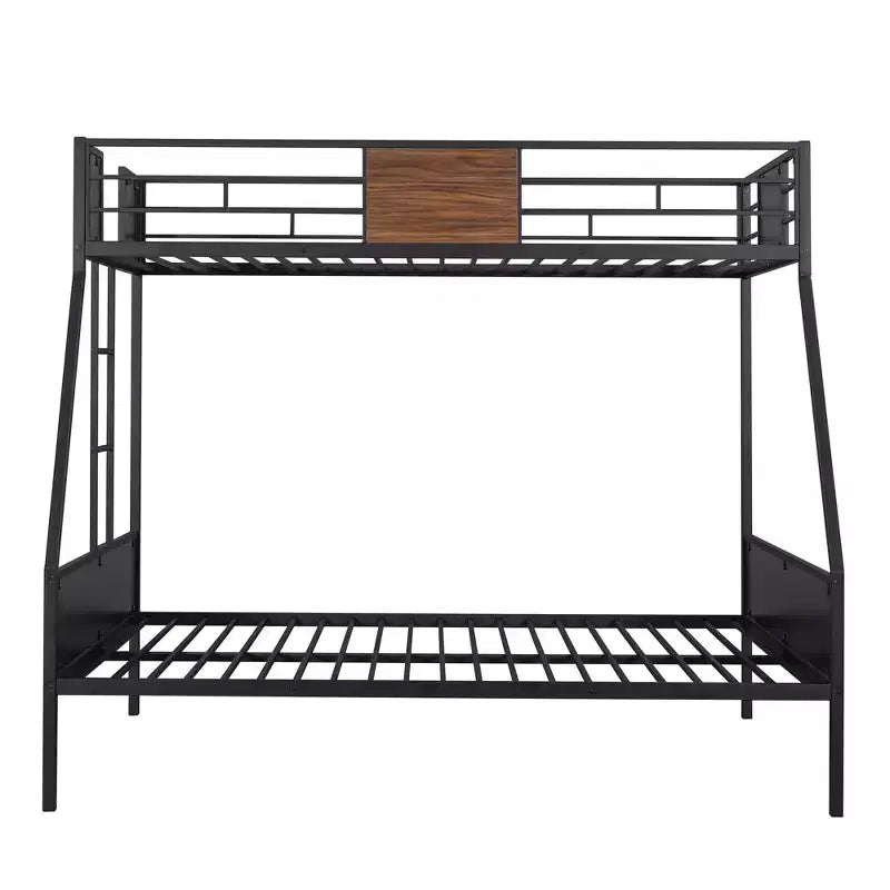 Lit superposé métallique double sur grand avec veinure de bois – Barrière de sécurité pour enfants et adultes, marron