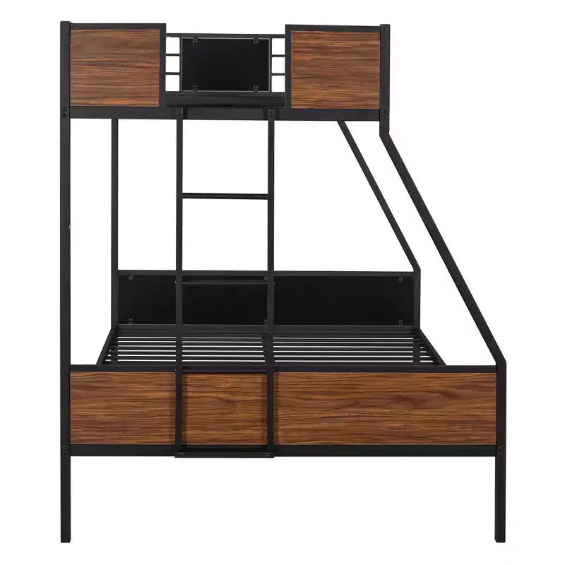 Lit superposé métallique double sur grand avec veinure de bois – Barrière de sécurité pour enfants et adultes, marron