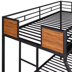 Lit superposé métallique double sur grand avec veinure de bois – Barrière de sécurité pour enfants et adultes, marron