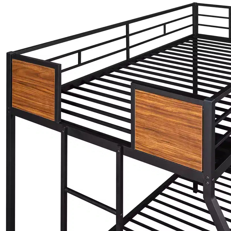 Lit superposé métallique double sur grand avec veinure de bois – Barrière de sécurité pour enfants et adultes, marron