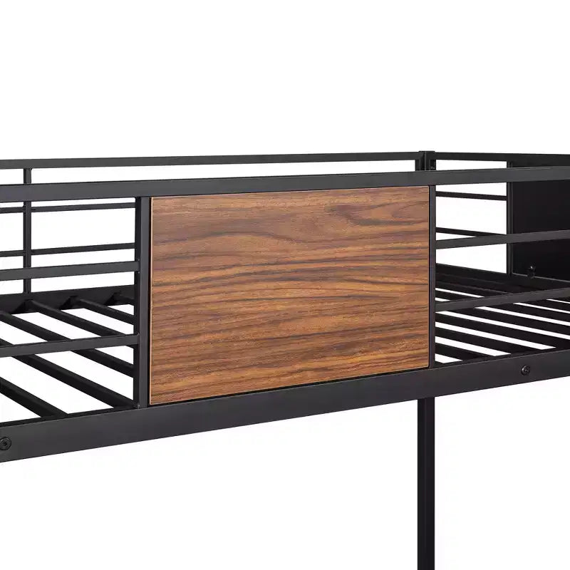 Lit superposé métallique double sur grand avec veinure de bois – Barrière de sécurité pour enfants et adultes, marron