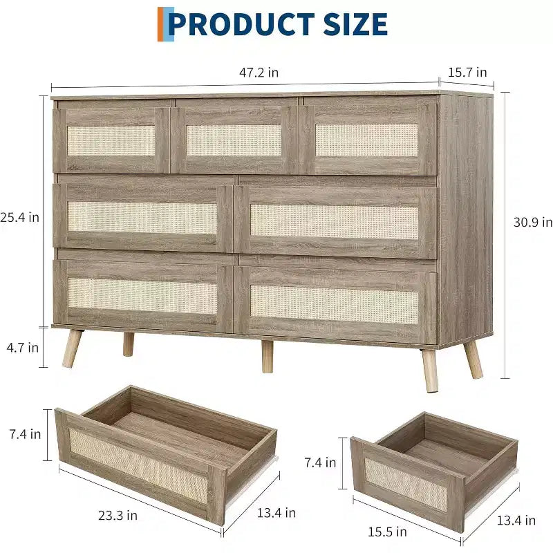 Commode 7 tiroirs en rotin – Meuble de rangement moderne en bois avec façades tissées pour chambre, salon et chambre d'enfant