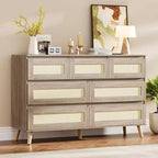 Commode 7 tiroirs en rotin – Meuble de rangement moderne en bois avec façades tissées pour chambre, salon et chambre d'enfant