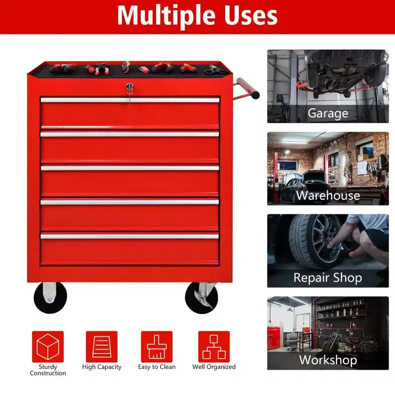 Coffre à outils en acier à 5 tiroirs avec serrure – Organiseur d'armoire de rangement sécurisé à clé