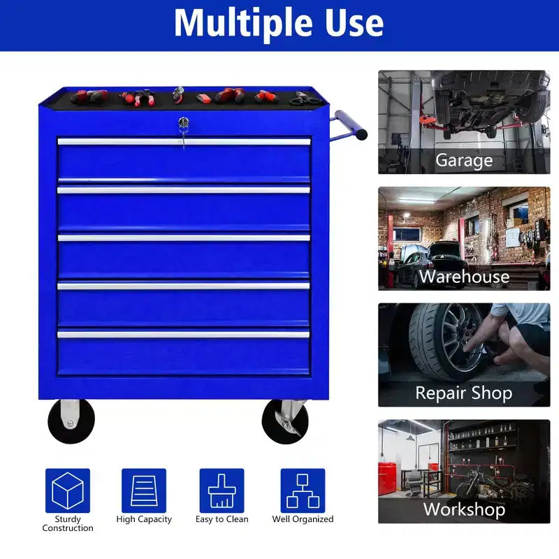 Coffre à outils en acier à 5 tiroirs avec serrure – Organiseur d'armoire de rangement sécurisé à clé