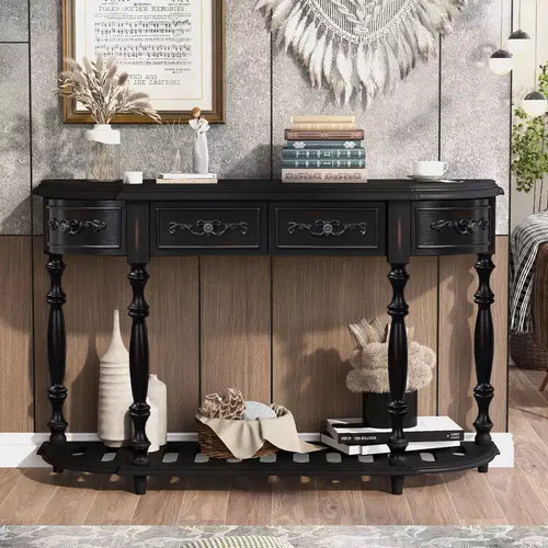Okak 52IN Vintage Curved Console Table with Exquisite Carvings, Entryway Table with 4 Drawers and 1 Shelf, Accent Table for Living Room, Black