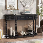 Console galbée vintage 52" avec sculptures – 4 tiroirs, 1 étagère, table d'appoint pour salon, noire