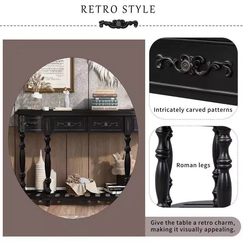 Console galbée vintage 52" avec sculptures – 4 tiroirs, 1 étagère, table d'appoint pour salon, noire