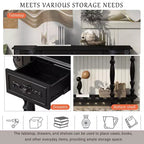 Console galbée vintage 52" avec sculptures – 4 tiroirs, 1 étagère, table d'appoint pour salon, noire