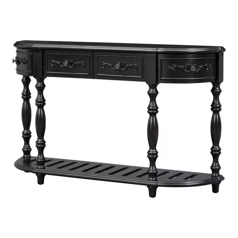 Console galbée vintage 52" avec sculptures – 4 tiroirs, 1 étagère, table d'appoint pour salon, noire