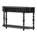 Console galbée vintage 52" avec sculptures – 4 tiroirs, 1 étagère, table d'appoint pour salon, noire