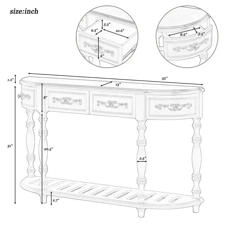 Console galbée vintage 52" avec sculptures – 4 tiroirs, 1 étagère, table d'appoint pour salon, noire