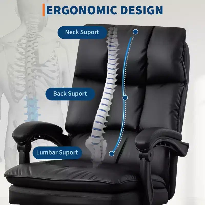 Chaise de bureau de direction à dossier haut – Cuir PU noir avec repose-pieds, pivotante à 360° et support ergonomique