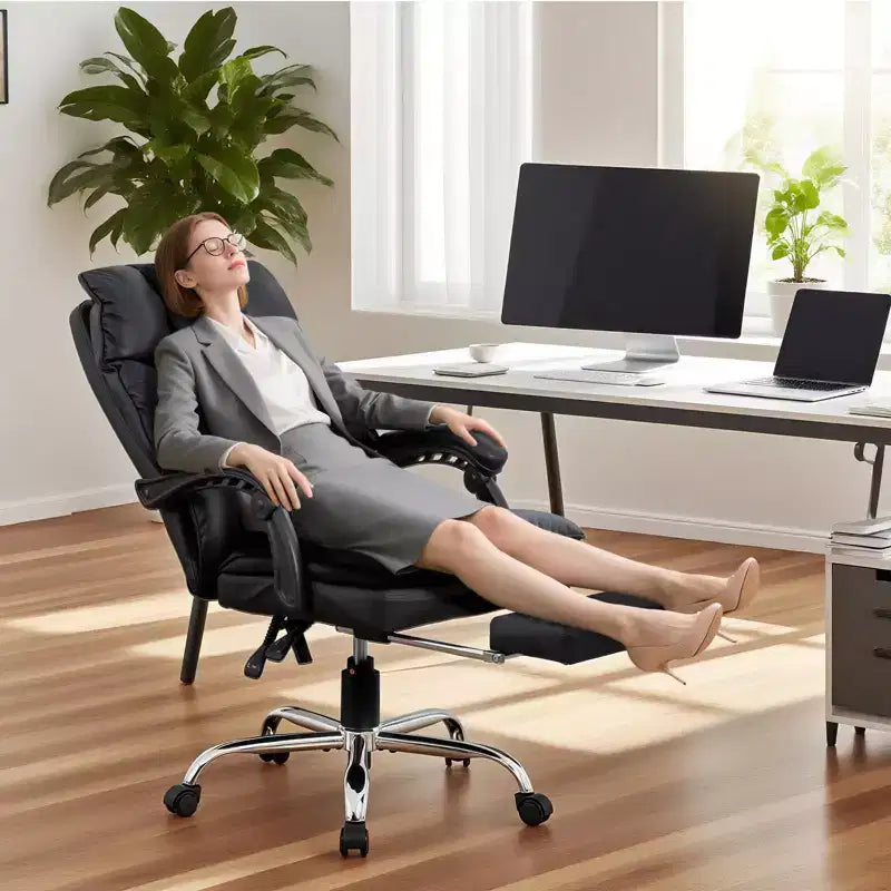 Chaise de bureau de direction à dossier haut – Cuir PU noir avec repose-pieds, pivotante à 360° et support ergonomique