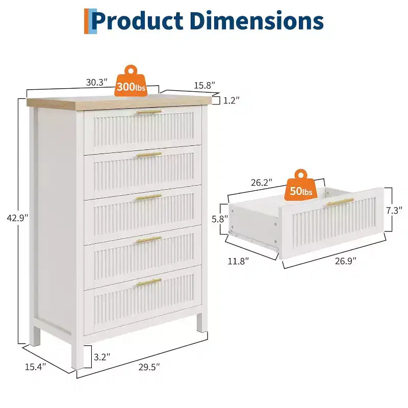 Commode de ferme à 5 tiroirs – Armoire en bois, style meuble TV pour chambre, salon et couloir