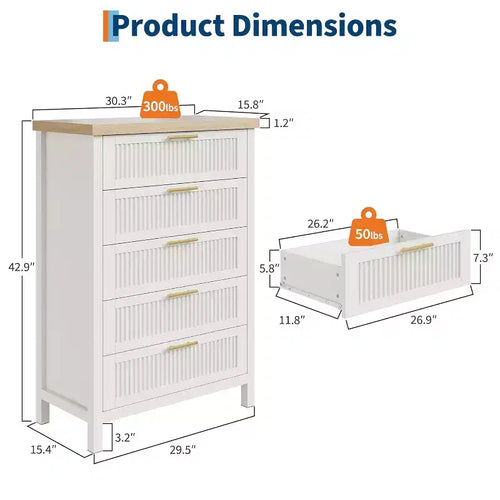 Commode de ferme à 5 tiroirs – Armoire en bois, style meuble TV pour chambre, salon et couloir