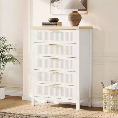 5-Drawer Dresser, Modern Wooden Bedroom Chest of Drawers With Handles and Storage Drawers, Farmhouse Style TV Stand for Living Room, Bedroom, Hallway