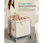 Rolling Laundry Hamper with Removable Liner, 47.5 Gallon Wheeled Basket with Brakes and Steel Frame, Cream White