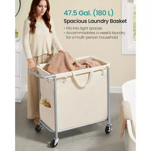 Rolling Laundry Hamper with Removable Liner, 47.5 Gallon Wheeled Basket with Brakes and Steel Frame, Cream White