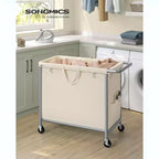 Panier à linge roulant de 180 litres avec doublure amovible – Panier sur roulettes avec freins, blanc crème